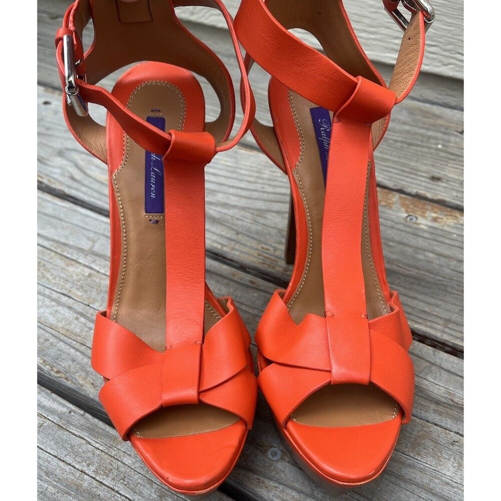 Ralph Lauren Purple Label Women’s 39.5 B Orange Leather 5" Heel Sandals Italy - Picture 5 of 15